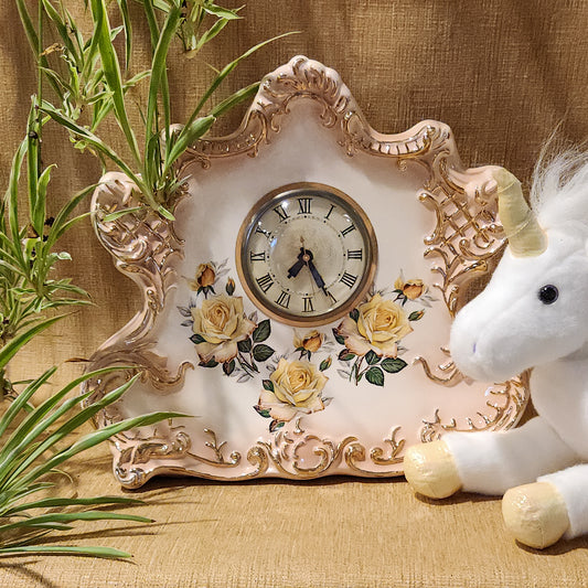 Vintage 1979 Ceramic Rose Mantel Clock – Hand-Painted Yellow Floral & Gold Gilt – Romantic Cottagecore Decorative Clock (Non-Working)