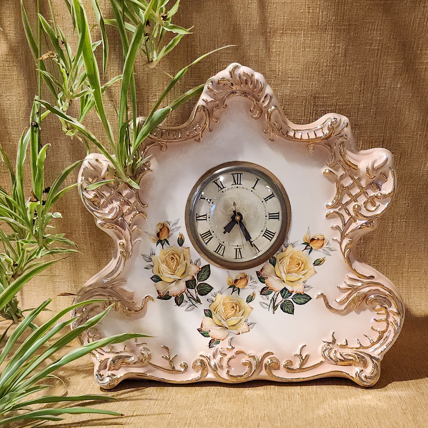 Vintage 1979 Ceramic Rose Mantel Clock – Hand-Painted Yellow Floral & Gold Gilt – Romantic Cottagecore Decorative Clock (Non-Working)