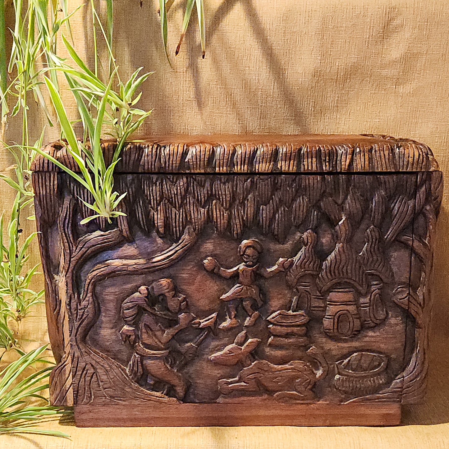 Vintage Hand-Carved Wood Keepsake Trunk – Bas-Relief Figural Scene with Dog – Artisan Handcrafted Memory Chest – Boho Global Decor