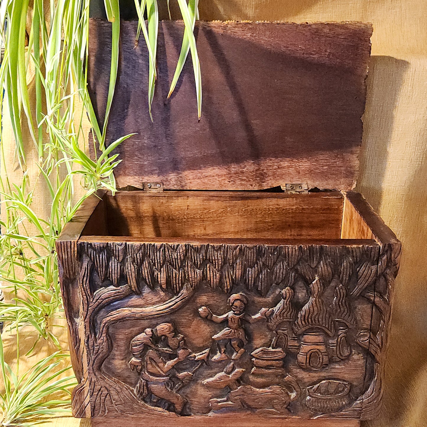 Vintage Hand-Carved Wood Keepsake Trunk – Bas-Relief Figural Scene with Dog – Artisan Handcrafted Memory Chest – Boho Global Decor