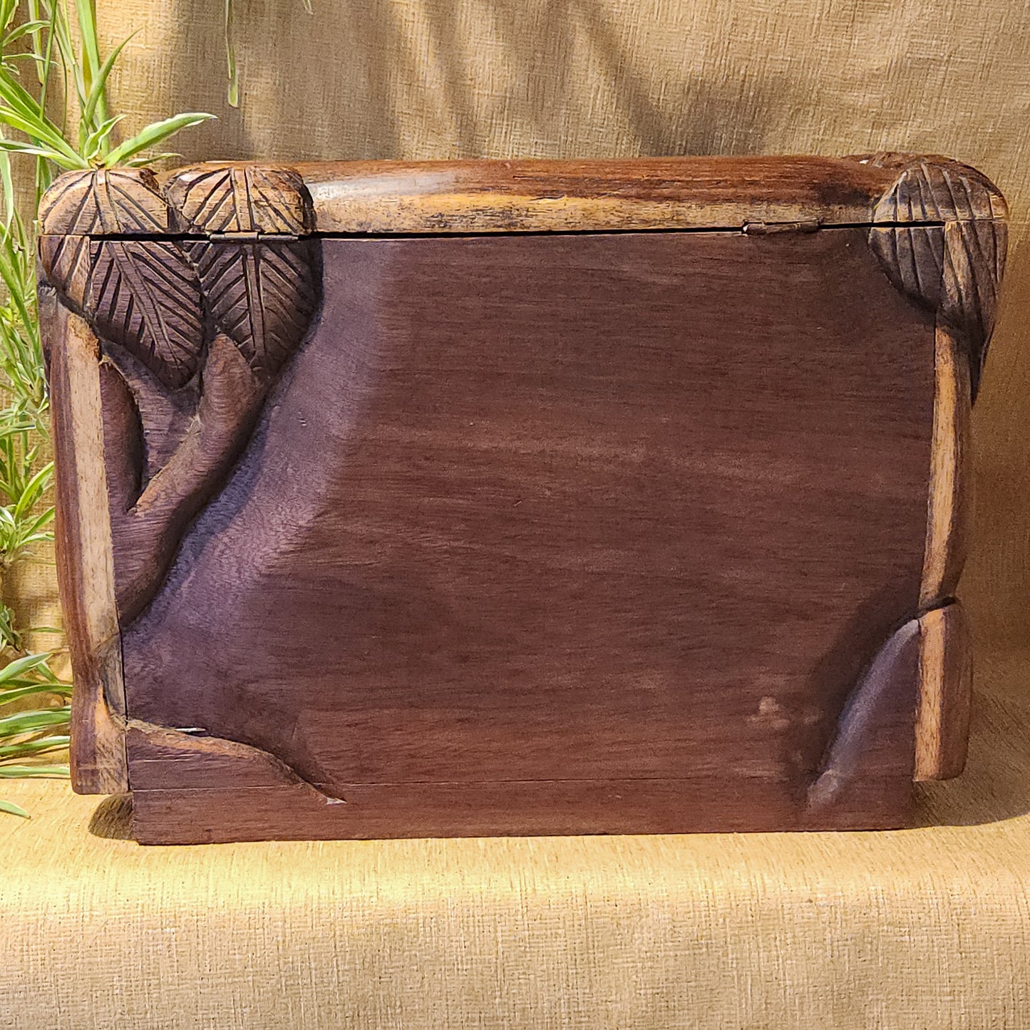 Vintage Hand-Carved Wood Keepsake Trunk – Bas-Relief Figural Scene with Dog – Artisan Handcrafted Memory Chest – Boho Global Decor