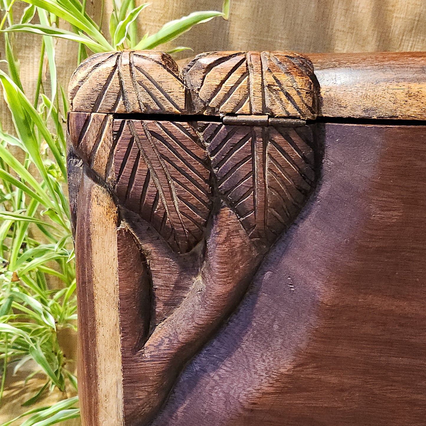 Vintage Hand-Carved Wood Keepsake Trunk – Bas-Relief Figural Scene with Dog – Artisan Handcrafted Memory Chest – Boho Global Decor