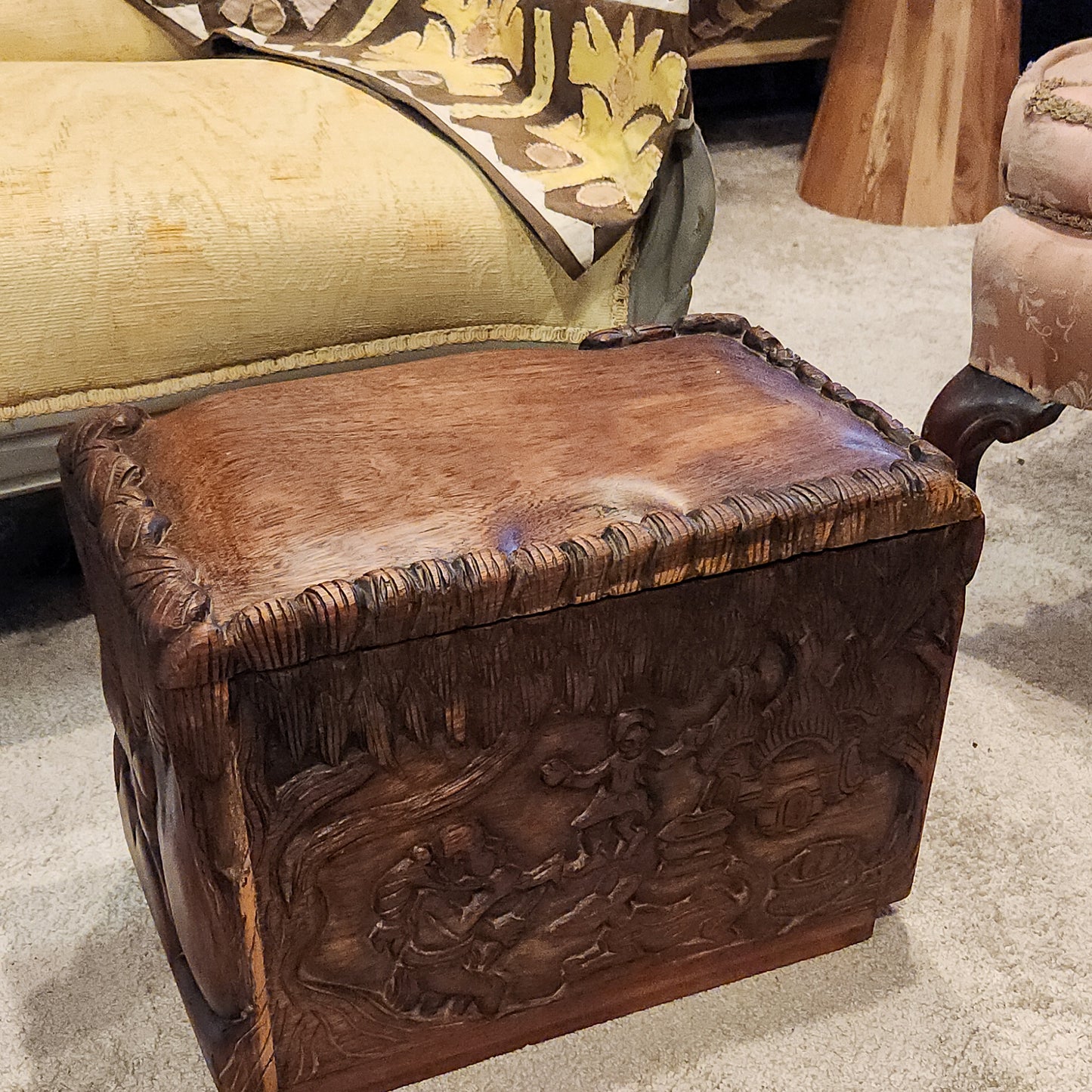 Vintage Hand-Carved Wood Keepsake Trunk – Bas-Relief Figural Scene with Dog – Artisan Handcrafted Memory Chest – Boho Global Decor