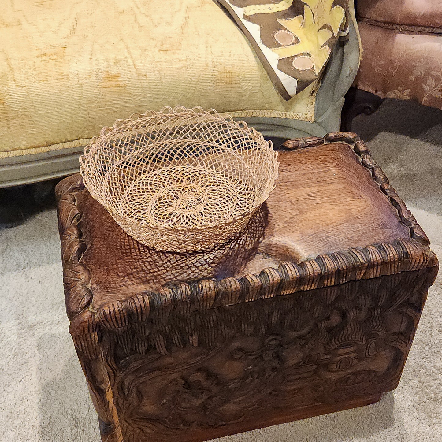 Vintage Hand-Carved Wood Keepsake Trunk – Bas-Relief Figural Scene with Dog – Artisan Handcrafted Memory Chest – Boho Global Decor