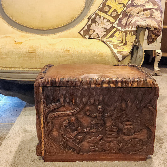Vintage Hand-Carved Wood Keepsake Trunk – Bas-Relief Figural Scene with Dog – Artisan Handcrafted Memory Chest – Boho Global Decor
