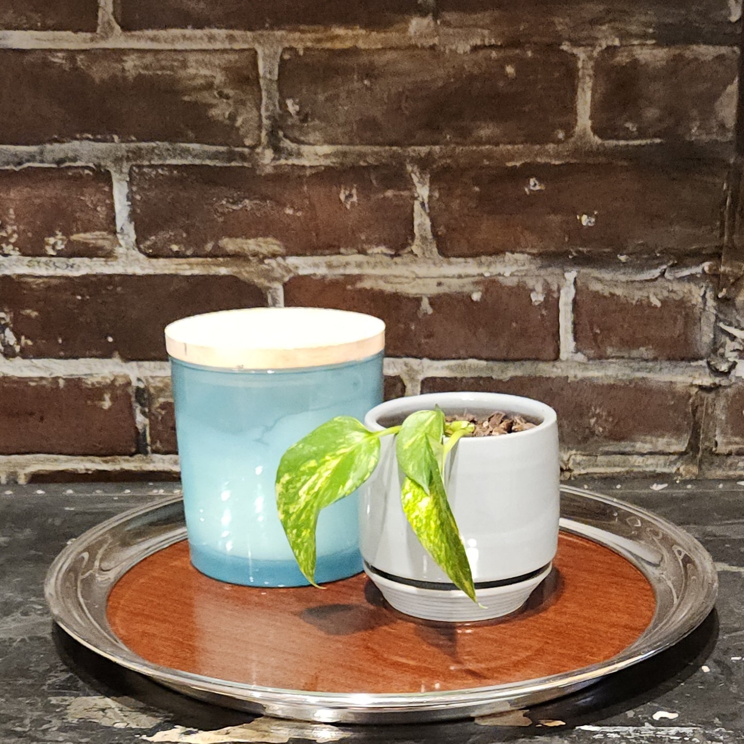 Silver and Wood Grain Tray