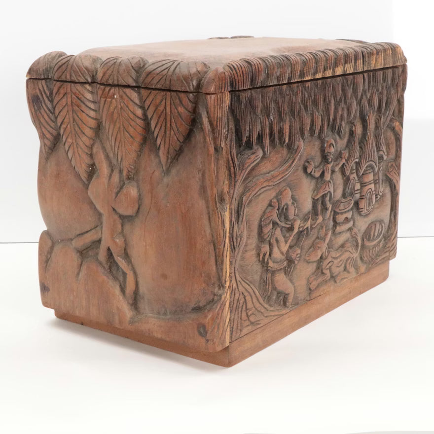 Vintage Hand-Carved Wood Keepsake Trunk – Bas-Relief Figural Scene with Dog – Artisan Handcrafted Memory Chest – Boho Global Decor